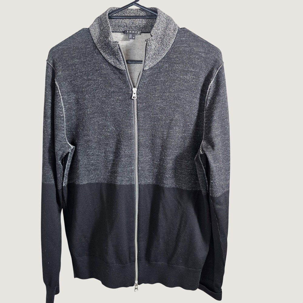 Theory Medium Black And Gray Sweater Mens Colorblock Wool Blend Zip Up